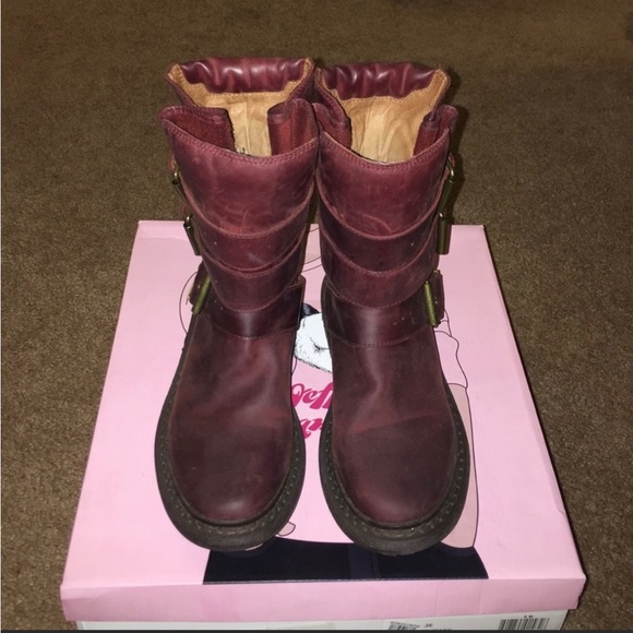 Jeffrey Campbell Trudge wine red maroon mid calf leather moto boots sz 6 - Picture 2 of 6